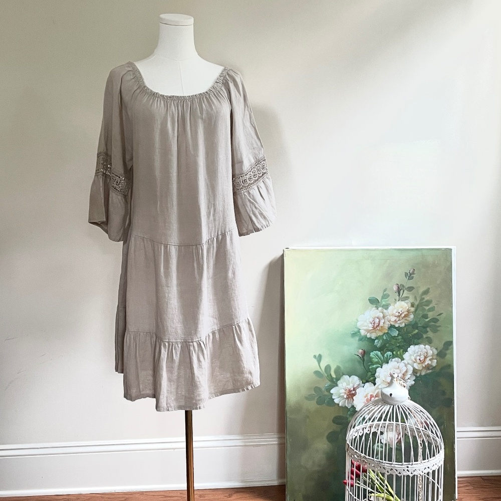 Terzo Millennio Linen Tiered Dress Large  Crochet Peasant Coastal Boho Neutral